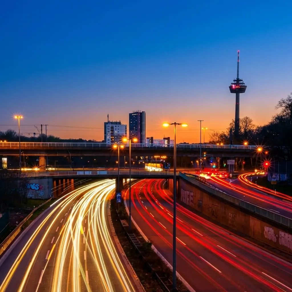 Autobahn bei Dämmerung mit Lichtspuren und Stadtsilhouette